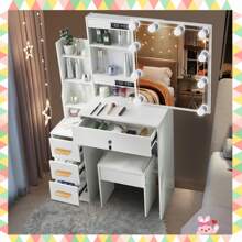 Girls Vanity Desk With Charging Station, Sliding Mirror, 3 Color Light Settings, Makeup Table With 4 Drawers, 7 Cabinets, Dressing Vanity Set With Stool For Bedroom - White - View 2