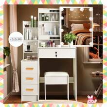 Girls Vanity Desk With Charging Station, Sliding Mirror, 3 Color Light Settings, Makeup Table With 4 Drawers, 7 Cabinets, Dressing Vanity Set With Stool For Bedroom - White - View 1
