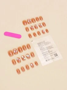 30入組方形短款蜜粉色和鑽石美甲貼片套裝，附1支果凍膠和1個指甲文件，即可快速提升外觀 - 彩色 - 查看 4