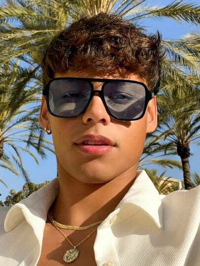 1 szt. Męskie akrylowe okulary lotnicze z podwójną belką w kwadratowej ramce, modne na codzienne wyjścia i wakacje na plaży, akcesoria plażowe, okulary przeciwsłoneczne, wygląd w stylu ulicznym i garnitur do swetra, kurtki, bluzy z kapturem, skórzanych spodni i spodni cargo na letnie wakacje na plaży, na zewnątrz, w podróży