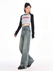 女款休閒時尚直筒牛仔褲，具有水洗效果和口袋設計 - 藍色 - 查看 5