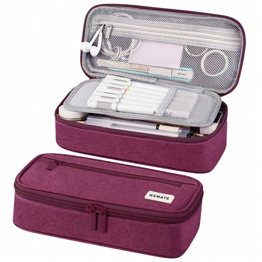 Large Pencil Case,Pencil Pouch With Zipper Compartments,Aesthetic Pencil Case For Adults,Stationery Pouch Pen Case For Office,Suitable For Junior High School Primary School Boys And Girls College Student - 酒紅色 - 查看 1
