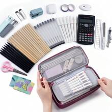 Large Pencil Case,Pencil Pouch With Zipper Compartments,Aesthetic Pencil Case For Adults,Stationery Pouch Pen Case For Office,Suitable For Junior High School Primary School Boys And Girls College Student - 酒紅色 - 查看 5