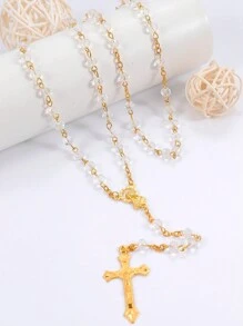 1pc Elegant Crystal & Faux Pearl Bead Necklace With Maria, Jesus Cross, And Alloy Pendant, Personalized Necklace For Religious Christians - Crystal Imitation Pearl Beaded Necklace - View 2