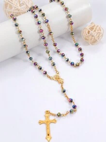 1pc Elegant Crystal & Faux Pearl Bead Necklace With Maria, Jesus Cross, And Alloy Pendant, Personalized Necklace For Religious Christians - Crystal Imitation Pearl Beaded Necklace - View 3