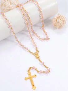 1pc Elegant Crystal & Faux Pearl Bead Necklace With Maria, Jesus Cross, And Alloy Pendant, Personalized Necklace For Religious Christians - Crystal Imitation Pearl Beaded Necklace - View 4