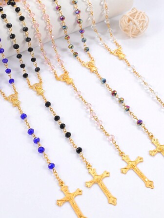 1pc Elegant Crystal & Faux Pearl Bead Necklace With Maria, Jesus Cross, And Alloy Pendant, Personalized Necklace For Religious Christians