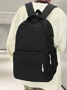 多功能纯色校园背包，大容量简约多隔层旅行背包，实用书包，防水时尚商务休闲笔记本电脑包，Tready背包，书包，返校笔记本电脑包和内胆包 - 黑色 - 查看 5
