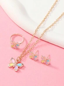 1套個性化女孩鋅合金卡通可愛蝴蝶彩色項鍊1件、耳環1對、戒指1件珠寶套裝，適合日常佩戴（多件套組） - 彩色 - 查看 2