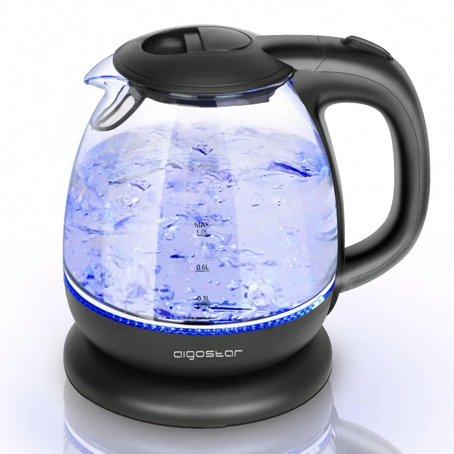 1pc 1L Electric Glass Kettle, 2200W, Dry Boil Protection, Blue LED Backlight, 360° Swivel Base, With Filter, Fast Heating, Suitable For Office And Home Use - Black - View 1