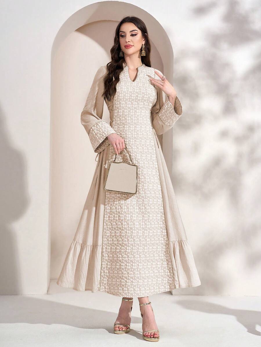 Women's Printed Minimalist Everyday Arabic Style Dress, Women's Solid Color Radish Print Patchwork Elegant Long Cinched Waist Waist Dress, Long Sleeve Dress Suitable For Everyday, Dates, And Multiple Occasions - Apricot - View 1