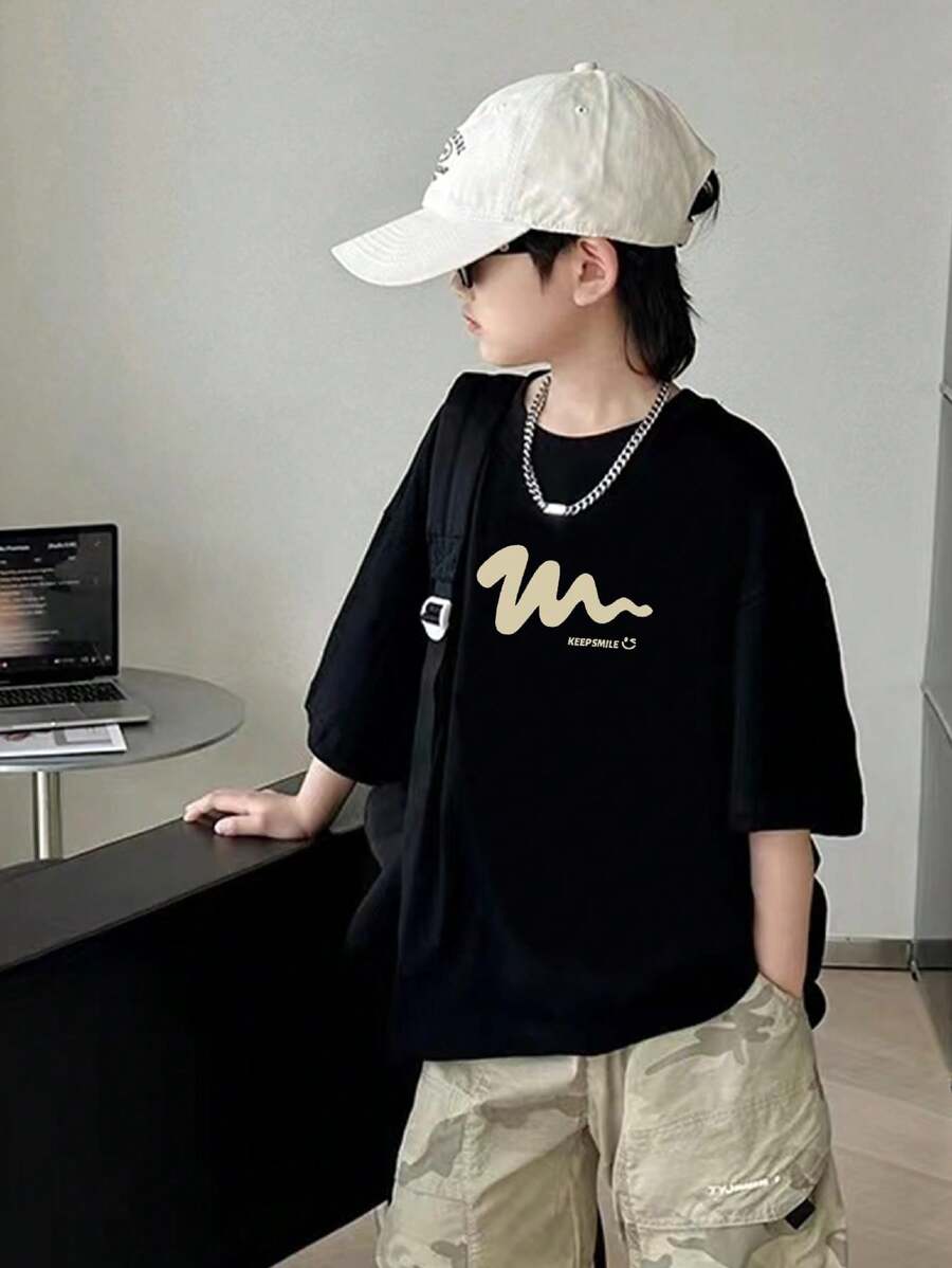 Áo thun cổ tròn in họa tiết bất đối xứng, kiểu dáng thường ngày, dành cho bé trai tuổi teen, mùa hè 2024, thích hợp cho mùa tựu trường. - màu đen - Xem 1