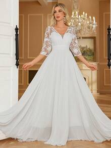 Damen V-Ausschnitt Spitzenbesatz weiße Chiffon Maxi romantisches luftiges langes Kleid mit Rüschensaum, elegantes langärmliges Hochzeitskleid für Braut