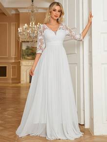 Damen V-Ausschnitt Spitzenbesatz weiße Chiffon Maxi romantisches luftiges langes Kleid mit Rüschensaum, elegantes langärmliges Hochzeitskleid für Braut