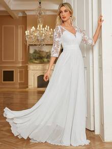 Damen V-Ausschnitt Spitzenbesatz weiße Chiffon Maxi romantisches luftiges langes Kleid mit Rüschensaum, elegantes langärmliges Hochzeitskleid für Braut