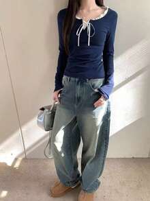 Casual Colorblock 2 In 1 Long Sleeve T-Shirt, Spring - Navy Blue - View 4