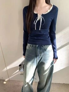 Casual Colorblock 2 In 1 Long Sleeve T-Shirt, Spring - Navy Blue - View 5