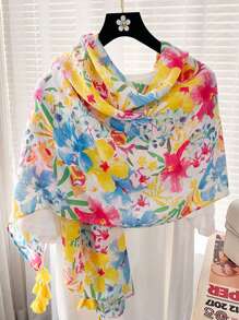 1条180*85厘米沙滩巾，女士防风柔软头巾，时尚新款防沙围巾，户外防晒流行薄披肩，奢华印花长方形围巾，四季流苏头巾，头巾，配饰，女士秋冬情人节礼物 - 彩色 - 查看 1