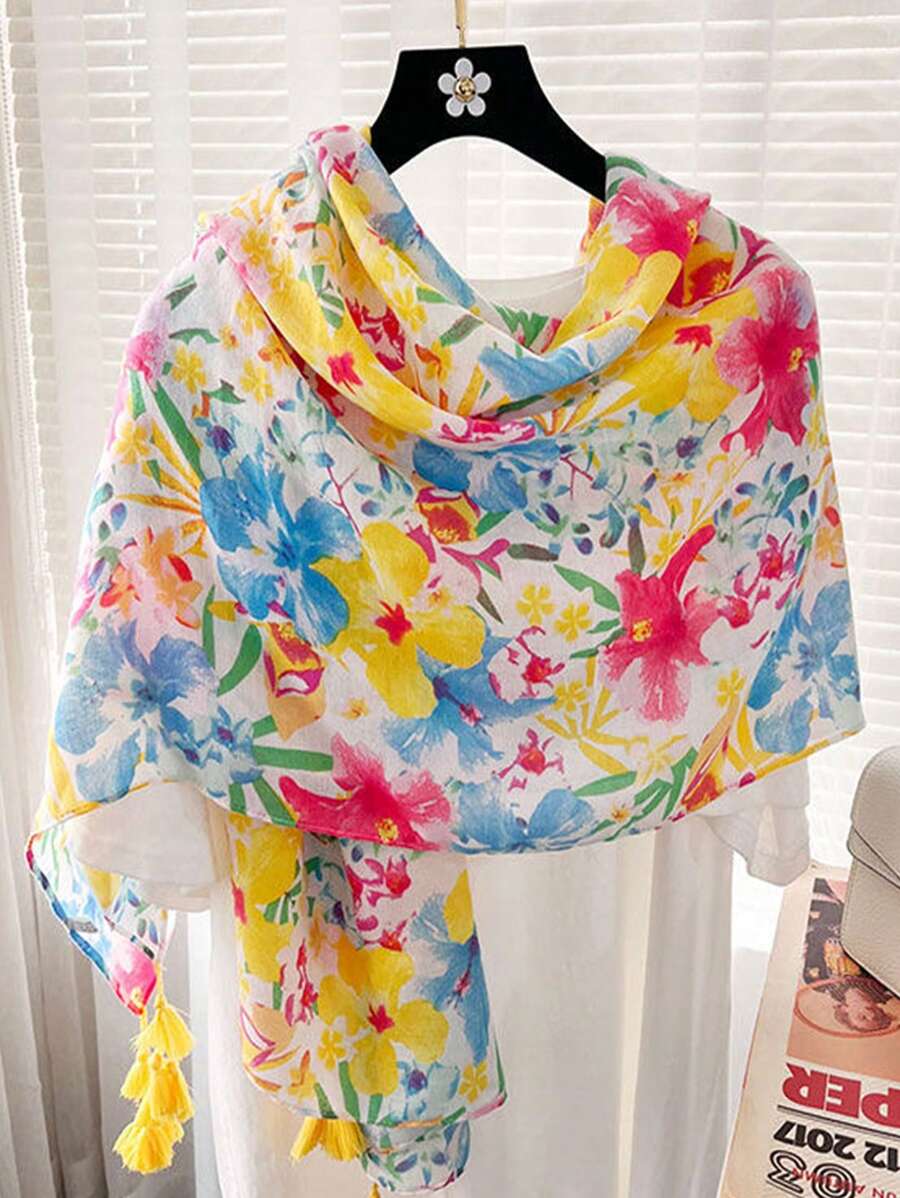 1条180*85厘米沙滩巾，女士防风柔软头巾，时尚新款防沙围巾，户外防晒流行薄披肩，奢华印花长方形围巾，四季流苏头巾，头巾，配饰，女士秋冬情人节礼物 - 彩色 - 查看 1