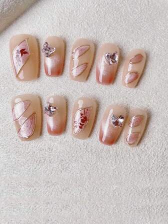 1 Set 10Pcs Handmade Short Wear-Resistant Gel Polish Nail Sticker High-Grade Hand-Painted Flashy Cat Eye False Nails With Nail File, Removable Press On Nails Nail Supplies Nails