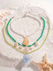imoli 3pcs Beach Vacation Style Transparent Resin Seashell & Starfish & Conch Beaded Necklace Set For Women, Party Gift (Each Handmade Necklace Is Cut-To-Fit In Length, Number Of Beads Vary) - Multicolor - View 6