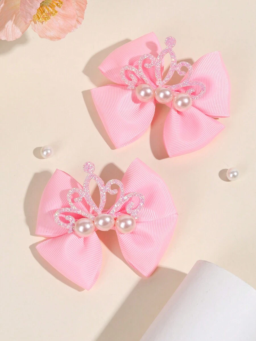 2 件装幼儿女孩蝴蝶结发夹、闪亮皇冠和人造珍珠装饰发夹、粉色缎带鳄鱼夹、儿童发饰、儿童礼物 - 粉色 - 查看 1