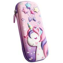 Un étui à crayons rose en EVA avec un motif de licorne en 3D stéréodimensionnel mignon, fournitures scolaires de dessin animé pour étudiant, boîte de rangement avec insert de stylo et sac en filet, grande capacité pour filles