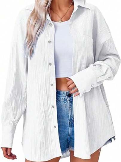 Camisa Casual de Manga Longa Solta com Ombro Caído em Cor Sólida para Mulher