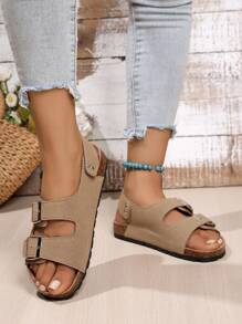 Kaki sandalen voor dames van imitatiesuède met dubbele gesp voor het weer naar school, klassieke platte buitenpantoffels met binnenzool van imitatiehout - Kaki - Bekijken 5
