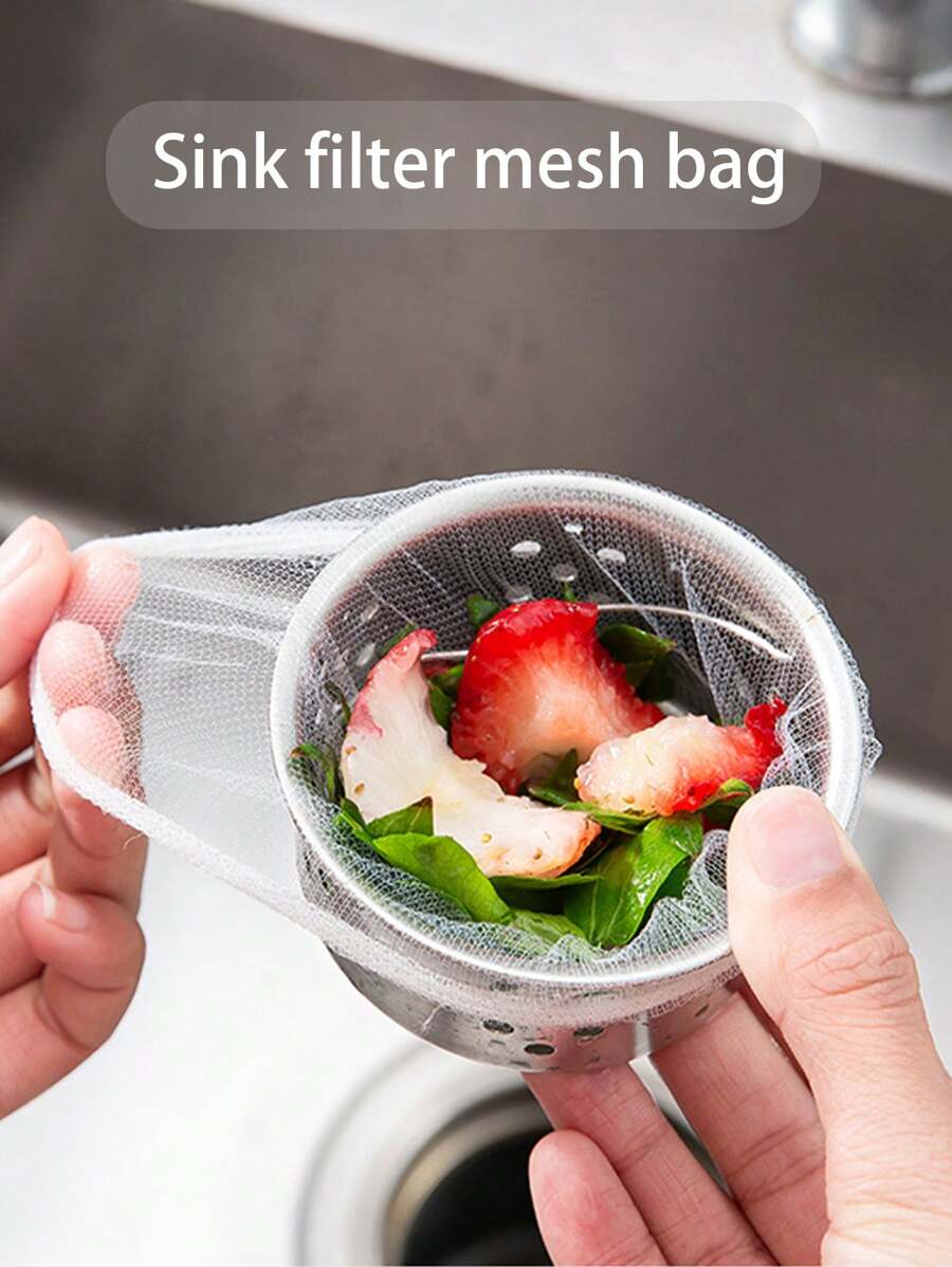 100个装厨房水槽过滤网袋，一次性水槽过滤网袋，水槽网过滤袋，一次性水槽过滤网袋，水槽垃圾网袋，带收纳盒的水槽过滤袋，厨房用涤纶水槽过滤网 - 白色 - 查看 1