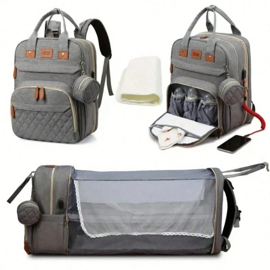 1pc Fashionable Multifunctional Mom Bag, Large Capacity Diaper Bag, Portable Travel Mother And Baby Organizer Bag - Grey - View 1