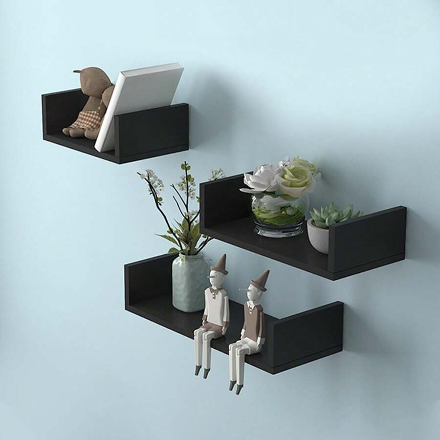Repisas de Pared Juego de 3 Piezas Repisas Flotantes Repisas para Libros Adecuado para Dormitorios, Salas de Estudio y Salones, Negro - Negro - Ver 1