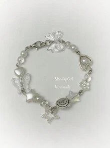 1 件金属亚克力水晶树脂银蝴蝶心形星空心旋转串珠手链，女士派对和日常佩戴情人节礼物