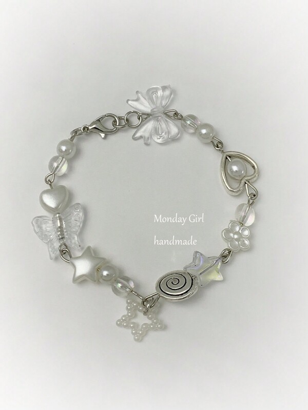 1pc Metal Acrylic Crystal Resin Silver Butterfly Heart Star Hollow Rotate Beaded Bracelet, Women's Gift For Party And Daily Wear Valentines