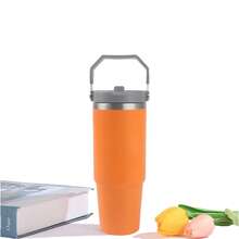 30盎司/900毫升大不鏽鋼保溫車用杯-保溫、防漏、附帶吸管、無電池、便攜式，適用於熱飲和冷飲的便攜車用杯、汽車咖啡杯、不鏽鋼雙層杯 - 橘色 - 查看 6