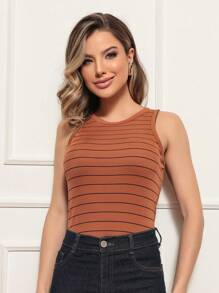 Kit 5 Striped Ribbed Tank Top And Lisa Ribana Basic T-Shirt Day To Day Blouse Gringa Fashion Casual Tank Top - Brown/Lis White/Lis Black/Lis Beige/Lis Brown - View 11