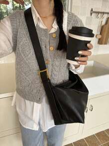 New Fashion Large Capacity Casual Versatile Retro High-End Hardware Fabric Solid Color Exquisite Minimalist Shoulder Bag, Suitable For Shopping And Work Commute For White-Collar Workers And College Students - Black - View 4