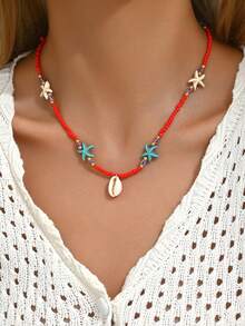 1 件女士波西米亚串珠海星贝壳项链海滩防水彩色项链日常珠宝 - 彩色 - 查看 4