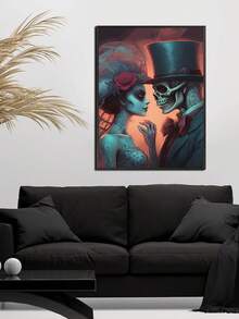 1 张现代艺术海报、抽象骷髅阅读书、南瓜灯、骷髅新娘和新郎帆布艺术海报，是卧室、客厅、餐厅、书房、走廊、咖啡厅、办公室、宿舍、墙壁艺术、墙壁装饰、家居装饰、房间装饰的理想礼物，无框 - 彩色 - 查看 3