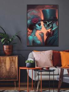 1 张现代艺术海报、抽象骷髅阅读书、南瓜灯、骷髅新娘和新郎帆布艺术海报，是卧室、客厅、餐厅、书房、走廊、咖啡厅、办公室、宿舍、墙壁艺术、墙壁装饰、家居装饰、房间装饰的理想礼物，无框 - 彩色 - 查看 2