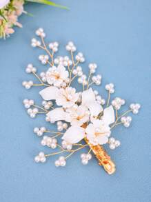 1pc Elegant Flower & Pearl Hair Clip, Bridal Wedding Hair Accessory - White - View 3