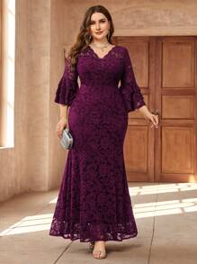 Robe longue sirène à col en V, manches à volants, en dentelle florale, grande taille. Convient pour la Saint-Valentin, les invités de mariage, le bal de promo, les anniversaires, les vacances, les cérémonies de remise des diplômes, les galas et autres occasions de fête élégante printanière - Bordeaux - Voir 4