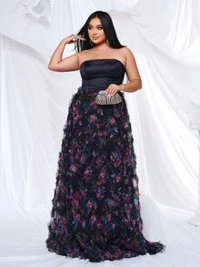 seomiscky 大码花卉印花褶饰抹胸晚礼服