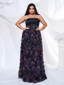 seomiscky 大码花卉印花褶饰抹胸晚礼服