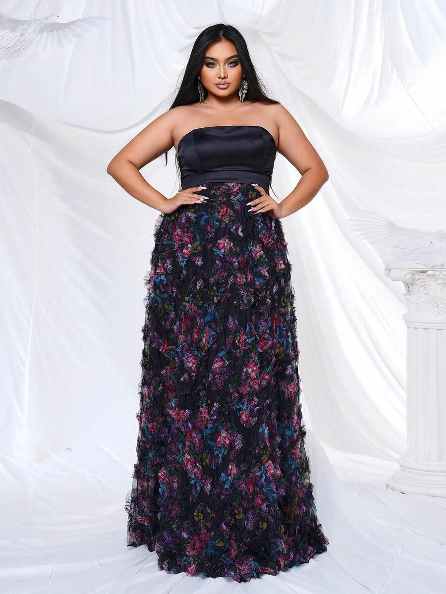 seomiscky 大码花卉印花褶饰抹胸晚礼服