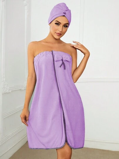 3pcs Cute Coral Fleece Bathrobe Set (Bathrobe + Hair Drying Cap + Headband), Brown