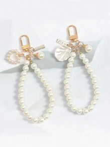 新款創意珍珠心形手鍊鑰匙扣吊墜貝殼吊墜珍珠配件珠寶，心形珍珠汽車鑰匙扣創意復古珍珠手鍊串珠包包手機吊墜保護套吊墜，優雅1入組心形珍珠鑰匙包裝飾旅行，郊遊，出差，上學攜帶，非常方便，是送禮的好選擇！ - 白色 - 查看 4