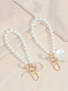 新款創意珍珠心形手鍊鑰匙扣吊墜貝殼吊墜珍珠配件珠寶，心形珍珠汽車鑰匙扣創意復古珍珠手鍊串珠包包手機吊墜保護套吊墜，優雅1入組心形珍珠鑰匙包裝飾旅行，郊遊，出差，上學攜帶，非常方便，是送禮的好選擇！ - 白色 - 查看 2