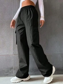 Pantalones de mujer Pantalones anchos rectos de cintura alta holgados con bolsillos Pantalones de moda versátiles - Negro - Ver 3