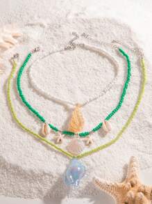 imoli 3pcs Beach Vacation Style Transparent Resin Seashell & Starfish & Conch Beaded Necklace Set For Women, Party Gift (Each Handmade Necklace Is Cut-To-Fit In Length, Number Of Beads Vary) - Multicolor - View 3